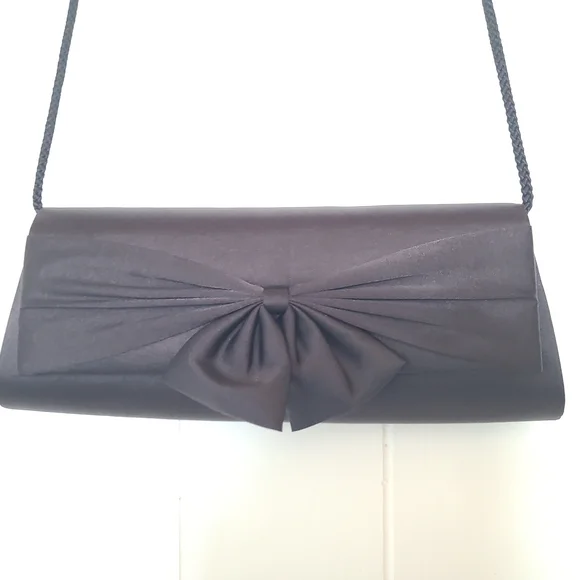 Vintage Le Château Black Satin Evening Clutch Bag w Bow | Formal Prom Wedding - Picture 14 of 16